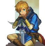  bad_id bad_pixiv_id belt blonde_hair blue_eyes cape earrings gloves hood jewelry link long_hair male_focus master_sword mimme_(haenakk7) pointy_ears smile solo sword the_legend_of_zelda the_legend_of_zelda:_breath_of_the_wild twitter_username weapon 