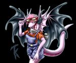  2015 anthro belt black_background breasts clothed clothing dragon eyewear fae_dragon female flight_rising flower goggles hat overalls pink_scales plain_background plant scalie scarf shirt shorts smile solo tailzkim teeth wings yellow_eyes 