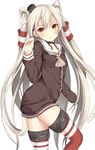  amatsukaze_(kantai_collection) bad_id bad_pixiv_id brown_eyes choker dress grey_neckwear hair_tubes headgear highres kantai_collection long_hair looking_at_viewer neckerchief open_mouth red_legwear ro-ichi sailor_collar sailor_dress silver_hair simple_background solo striped striped_legwear thighhighs two_side_up very_long_hair white_background zettai_ryouiki 