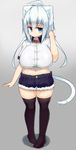  ahoge animal_ears black_legwear blue_eyes blush breasts cat_ears cat_tail collar collared_shirt crop_top felt_whitesnow full_body highres huge_breasts looking_at_viewer navel original pigeon-toed playing_with_own_hair plump sawati shirt short_hair_with_long_locks short_shorts shorts smile solo tail thighhighs 