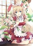  animal_ears ankle_boots black_footwear blonde_hair blue_eyes boots bouquet bunny_ears dress flower long_hair maid maid_headdress matoki_misa moe2015 original ribbon sitting solo wariza wrist_cuffs 