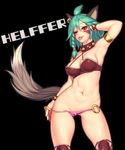  animal_ears animal_tail anthro bikini black_background breasts canine cleavage clothed clothing collar facial_markings female green_hair hair helffer looking_at_viewer lucent_heart mammal markings navel plain_background shaved_pussy spiked_collar steam swimsuit teasing tongue tongue_out unknown_artist wolf 