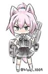  :o bike_shorts black_eyes chibi fang gloves hand_on_hip hisui_(kimochi) kantai_collection kemonomimi_mode machinery neck_ribbon pink_hair pleated_skirt ponytail ribbon school_uniform shiranui_(kantai_collection) shorts shorts_under_skirt skirt solo tail turret twitter_username v-shaped_eyebrows white_gloves 