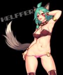  animal_ears animal_tail anthro bikini black_background breasts canine cleavage clothed clothing collar facial_markings female green_hair hair helffer looking_at_viewer lucent_heart mammal markings navel plain_background shaved_pussy spiked_collar steam swimsuit teasing tongue tongue_out unknown_artist wolf 
