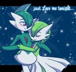  blush breasts cute dancing dress duo english_text eyelashes female gallade gardevoir green_hair hair love male night nintendo outside pok&eacute;mon red_eyes sky smile star text vaporotem video_games 