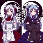  alternate_costume alternate_hairstyle black_gloves blue_hair breasts closed_umbrella double_bun dress elbow_gloves expressionless gloves grin hair_ornament len long_hair melty_blood multiple_girls pointy_ears puffy_sleeves red_eyes sidelocks silver_hair small_breasts smile tsukihime umbrella urako white_gloves white_len 