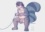  2015 anthro balls chubby controller eyewear flaccid glasses huge_penis humanoid_penis korichi lipbite male mammal monochrome nude penis plain_background ps1_controller rodent sitting solo squirrel video_games white_background 