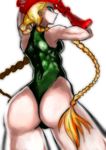  ass bad_id bad_pixiv_id beret blonde_hair blue_eyes braid breasts cammy_white fingerless_gloves from_behind gloves green_leotard hat kugimine leotard long_hair looking_back muscle small_breasts solo street_fighter thong_leotard twin_braids 
