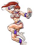  abs ankle_boots boots breasts brown_eyes brown_hair dynamite-kit fighting_stance fingerless_gloves gloves high_heels hiryuu_no_ken large_breasts long_hair minmin muscle muscular_female ponytail socks solo standing standing_on_one_leg thick_thighs thighs underboob 