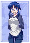  arms_behind_back blue_eyes blue_hair breasts casual ciel denim glasses jeans long_sleeves medium_breasts pants raglan_sleeves short_hair smile solo tsukihime urako 