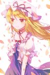  arms_at_sides blonde_hair busujima_(kusahana) cowboy_shot dress frills hat juliet_sleeves long_hair long_sleeves looking_away mob_cap neck_ribbon petals puffy_sleeves ribbon smile solo touhou white_background yakumo_yukari yellow_eyes 