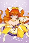  ;q amanogawa_kirara bare_shoulders boots breasts choker cleavage cure_twinkle earrings from_above gloves go!_princess_precure jewelry kazuma_muramasa long_hair looking_at_viewer magical_girl one_eye_closed orange_hair precure purple_background purple_eyes small_breasts solo star star_earrings starry_background thigh_boots thighhighs tongue tongue_out twintails white_gloves white_legwear 