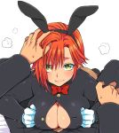  1girl adapted_costume animal_ears ass asymmetrical_bangs bangs black_footwear blush bow bowtie breast_squeeze breasts bunny_ears bunny_tail bunnysuit button_gap center_opening covered_nipples erect_nipples eroe fake_animal_ears gakuran genderswap genderswap_(mtf) girl_on_top gloves green_eyes hand_on_another&#039;s_head hand_on_another's_head happy hasumi_souji_(eroe) igarashi_kyou_(eroe) large_breasts looking_at_viewer lying no_bra on_stomach orange_hair original paizuri pantyhose pov red_bow school_uniform short_hair smile solo_focus spread_legs tail white_background white_gloves 