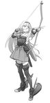  bad_id bad_twitter_id boots bow_(weapon) elbow_pads full_body greyscale hairband hakama_skirt japanese_clothes kantai_collection kinosuke_(sositeimanoga) long_hair miniskirt monochrome muneate short_sleeves shoukaku_(kantai_collection) simple_background skirt solo thigh_boots thighhighs weapon white_background 