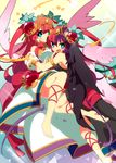  aqua_eyes asymmetrical_wings bare_shoulders barefoot chaos_venus_(p&amp;d) dress dual_persona feathered_wings hair_tubes heart long_hair multicolored_hair multiple_girls mzh open_mouth purple_hair puzzle_&amp;_dragons red_hair smile tiara two-tone_hair two_side_up venus_(p&amp;d) wings 