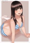  arm_support ass blue_bra blue_panties blush bra breasts brown_eyes brown_hair butt_crack leaning_forward long_hair looking_at_viewer looking_back medium_breasts open_mouth original panties sitting smile solo striped striped_bra striped_panties underwear underwear_only zenkou 