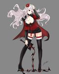  bad_id bad_pixiv_id black_footwear black_legwear black_skirt boots breasts cape cleavage cleavage_cutout contrapposto demon_slayer_(dungeon_and_fighter) dungeon_and_fighter female_slayer_(dungeon_and_fighter) flower full_body grey_background hair_flower hair_ornament high_heel_boots high_heels highres large_breasts leaning long_hair miniskirt pencil_skirt red_eyes shaojiang silver_hair simple_background skirt solo standing thigh_boots thighhighs thighs weapon zettai_ryouiki 
