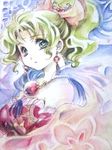  abstract_background bare_shoulders cape detached_sleeves earrings final_fantasy final_fantasy_vi graphite_(medium) green_eyes green_hair highres jewelry looking_at_viewer nijinohouseki ponytail solo tina_branford traditional_media watercolor_(medium) 