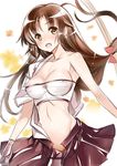 bad_id bad_nicoseiga_id bandeau bangs bow bow_(weapon) breasts brown_eyes brown_hair hadanugi_dousa hair_bow hekiten highres kantai_collection large_breasts long_hair looking_at_viewer midriff miniskirt off_shoulder open_mouth parted_bangs pleated_skirt red_bow sarashi shouhou_(kantai_collection) single_bare_shoulder skirt solo strapless weapon 