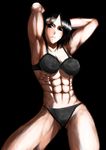  abs armpits arms_up bad_id bad_pixiv_id black_background black_bra black_hair black_panties blush bra breasts kugimine medium_breasts mikasa_ackerman muscle panties shingeki_no_kyojin short_hair solo underwear underwear_only 