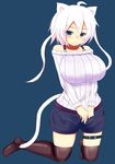  ahoge animal_ears annoyed black_legwear blue_background blue_eyes blush breast_squeeze breasts cat_ears cat_tail felt_whitesnow highres huge_breasts kneeling original pout ribbed_sweater sawati short_hair_with_long_locks short_shorts shorts solo sweater tail thigh_strap thighhighs v_arms white_hair 