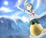  absurdres aqua_eyes bad_id bad_pixiv_id banana_boat erio_patrol hat highres light_rays miniskirt murasa_minamitsu navel ocean pointing sailor sailor_hat silver_hair skirt solo sunbeam sunlight touhou waves 