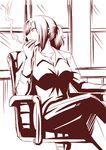  aozaki_touko breasts chair cigarette crossed_legs jewelry kara_no_kyoukai large_breasts long_hair monochrome pendant ponytail shirt sitting smoking solo urako 