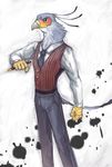  avian clothed clothing ink male necktie pen plain_background secretary_bird serious unknown_artist vest white_background 