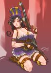  armor between_breasts boots breasts bullet caitlyn_(league_of_legends) cleavage collar corset dress fingerless_gloves gloves gun hat knee_boots kneeling large_breasts league_of_legends long_hair magazine_(weapon) red_eyes rifle romehamu solo strapless strapless_dress thigh_strap top_hat weapon 