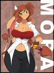  anthro big_breasts blush bovine bracelet breasts brown_fur brown_hair cattle chalo cleavage clothed clothing female fur green_eyes hair horn huge_breasts jewelry las_lindas long_hair looking_at_viewer mammal mora_linda smile solo wide_hips 