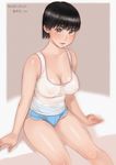  arm_support ayumu_(zenkou) blush breasts brown_eyes brown_hair cleavage gym_shorts large_breasts looking_at_viewer original see-through shirt short_hair short_shorts shorts sitting solo tank_top white_shirt zenkou 