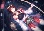  afloat akagi_(kantai_collection) arrow bad_id bad_pixiv_id bow_(weapon) brown_eyes brown_hair collarbone damaged japanese_clothes kantai_collection long_hair muneate partially_submerged ripples solo thighhighs torn_clothes veilrain water weapon 