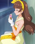  ^_^ amanogawa_kirara brown_hair closed_eyes doughnut eating food gloves go!_princess_precure hairband haruyama_kazunori precure profile smile solo twintails white_gloves 