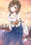  bad_id bad_pixiv_id blue_eyes blue_hakama breasts brown_hair cleavage detached_sleeves final_fantasy final_fantasy_x green_eyes hakama heterochromia japanese_clothes jewelry medium_breasts necklace short_hair smile solo staff yuna_(ff10) yuran 