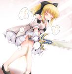  anbee_(arary) artoria_pendragon_(all) bangs bare_shoulders between_legs black_bow black_footwear black_ribbon blonde_hair blush bow breasts cleavage crystal detached_collar dress dutch_angle embarrassed eyebrows_visible_through_hair eyes_closed fate/stay_night fate/unlimited_codes fate_(series) female frilled_dress frills gem gloves hair_ribbon have_to_pee highres holding holding_sword holding_weapon japanese_text knees_together_feet_apart open_mouth peeing peeing_self pigeon-toed ponytail puddle ribbon saber_lily shiny shiny_skin shoes small_breasts solo speech_bubble standing sweat sword talking tears thighhighs tied_hair translation_request trembling weapon wet wet_clothes white_dress white_gloves white_legwear 