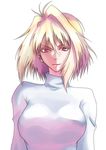  arcueid_brunestud bad_id bad_pixiv_id blonde_hair breasts hair_intakes highres kugimine large_breasts red_eyes short_hair smile solo sweater tsukihime turtleneck upper_body 