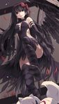  akemi_homura akuma_homura bare_shoulders black_eyes black_gloves black_hair black_wings dress elbow_gloves feet gloves highres huanxiang_huifeng kyubey long_hair mahou_shoujo_madoka_magica mahou_shoujo_madoka_magica_movie no_shoes smile spoilers wings 