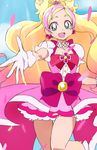  :d blonde_hair blue_eyes bow choker cure_flora earrings gloves go!_princess_precure gradient_hair haruno_haruka jewelry long_hair looking_at_viewer magical_girl manji_(tenketsu) multicolored_hair open_mouth petals pink_bow pink_hair precure smile solo two-tone_hair white_gloves 