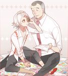  age_difference androgynous ayatoki-1 beard black_eyes black_hair closed_eyes facial_hair hair_ornament hairclip highres loose_clothes loose_shirt male_focus multiple_boys necktie paper red_eyes red_string shinohara_yukinori shirt short_hair stitches string suzuya_juuzou tokyo_ghoul white_hair 