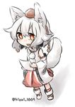  :d animal_ears detached_sleeves hat hisui_(kimochi) holding holding_paper inubashiri_momiji open_mouth orange_eyes paper shoe_ribbon short_hair smile solo tail tokin_hat touhou twitter_username white_background white_hair wolf_ears wolf_tail 