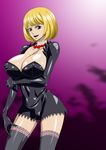  1girl black_eyes blonde_hair bow bowtie breasts cleavage dress erect_nipples happy highres huge_breasts legs looking_at_viewer nel-zel_formula one_piece open_mouth short_hair simple_background smile solo standing thighhighs thighs victoria_cindry 