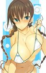  bad_id bad_pixiv_id bikini blue_eyes braid breasts brown_hair cleavage coin_rand covered_nipples huge_breasts leaning_forward long_hair looking_at_viewer navel open_mouth original smile solo strap_pull swimsuit twin_braids 