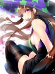  :d black_legwear boots breasts brown_hair character_request hat long_hair looking_at_viewer naso4 open_mouth purple_eyes sideboob sketch sleeveless small_breasts smile solo star thighhighs witch_hat 