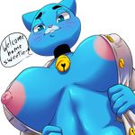  anthro bell big_breasts blue_eyes blue_fur breasts clothing collar dialogue english_text erect_nipples feline female fur g-blue16 hi_res mammal milf mother nicole_watterson nipples parent solo text the_amazing_world_of_gumball undressing 