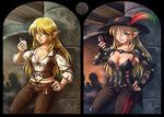  2015 alcohol before_and_after blonde_hair blue_eyes borrowed_character breast_expansion breasts cleavage elf glass hand_on_hip hat large_breasts level_up long_hair maxa' milk one_eye_closed original parted_lips plume pointy_ears shoulder_armor smile spaulders tavern vambraces wine 