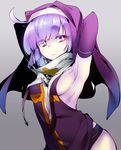  1girl ahoge armpits arms_up breasts claire_(dragon_poker) cross_print dragon_poker elbow_gloves gloves habit looking_at_viewer naso4 nun purple_eyes purple_hair short_hair sideboob simple_background sketch small_breasts solo 