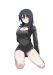  absurdres bare_legs black_hair black_panties breasts character_request cleavage cleavage_cutout highres jewelry kneeling large_breasts long_hair meme_attire nanaya777 necklace open-chest_sweater pale_skin panties solo sweater turtleneck underwear yellow_eyes 