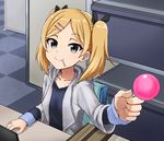  blonde_hair candy checkered checkered_floor food foreshortening grey_eyes hair_ornament hair_ribbon hairclip kitiku lollipop looking_at_viewer mole mole_under_eye ribbon shirobako short_hair short_twintails sitting smile twintails yano_erika 