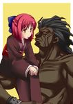  1girl berserker black_skin blush crossover fate/stay_night fate_(series) food food_in_mouth hairband japanese_clothes kimono kohaku muscle pocky pocky_kiss red_hair shared_food tsukihime type-moon urako 