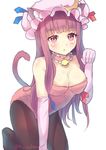  :&lt; alternate_costume animal_ears artist_name bell black_legwear bow breasts cat_ears cat_tail cleavage collar crescent culter gloves hat hat_bow kemonomimi_mode kittysuit kneeling large_breasts long_hair looking_at_viewer mob_cap pantyhose patchouli_knowledge paw_pose pink_eyes purple_hair simple_background solo tail touhou white_background 